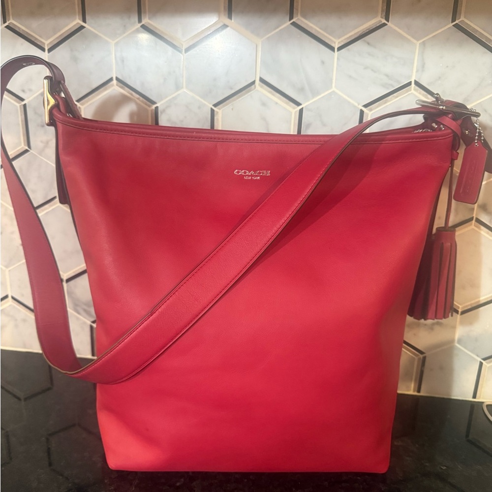 Coach Red Leather Shoulder Tote with Tassel
